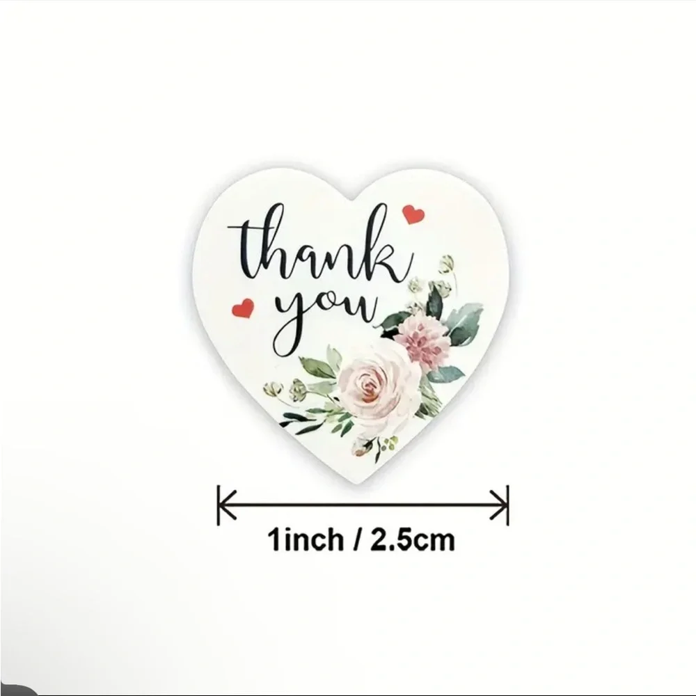 500 Heart Shaped Thank You Stickers Pink Flowers Floral Rose Roll